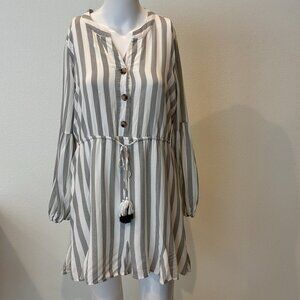 Pink Lily Plan a Trip Dress Womens S Gray White Stripe Beachy Coastal‎ Cowgirl